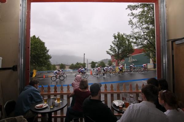 Inside this local cafe was one of the drier spots to watch the racing.