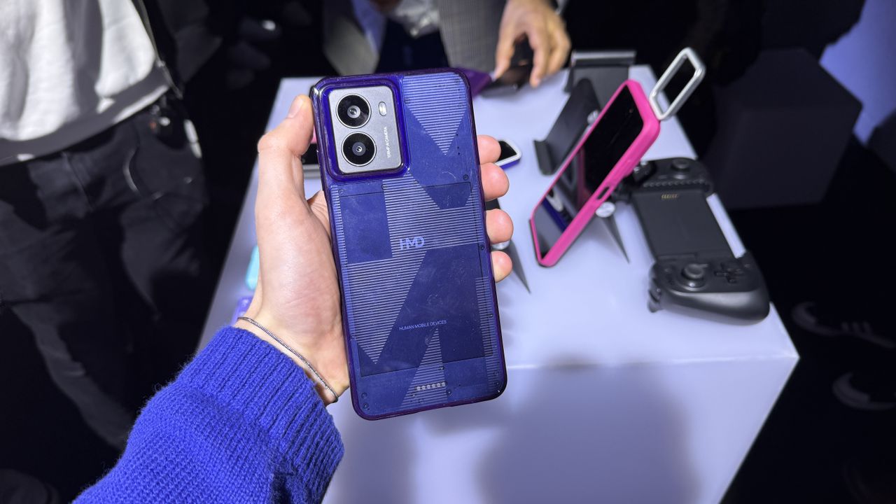 The HMD Fusion X1 in a purple case