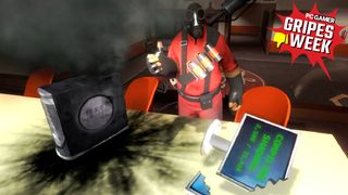 A TF2 pyro next to a smashed computer