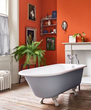 Orange painted bathroom with free-standing white and gray bathtub, dark wooden floor, traditional fireplace, alcove decorated with framed pictures, wooden shelf with ornaments, wooden stool with plant