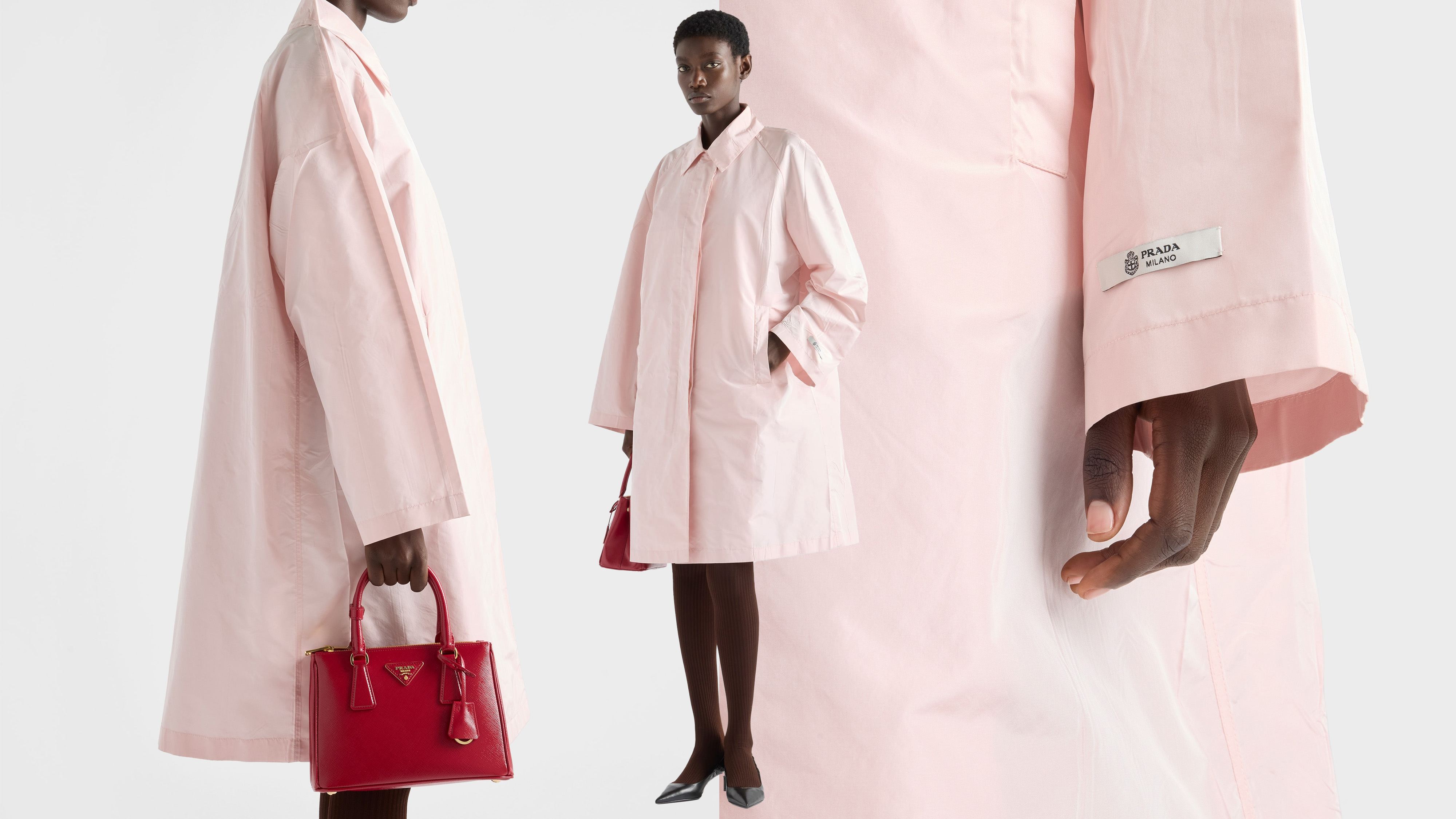 A collage of photos of a model wearing a pink Prada taffeta coat from the brand&#039;s holiday collection 2025.