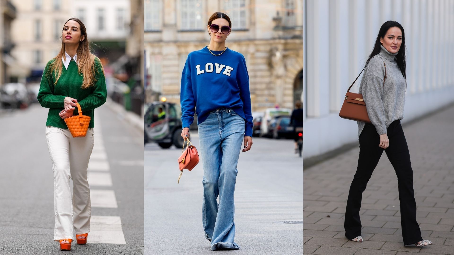 Street style wearing flared jeans and sweater