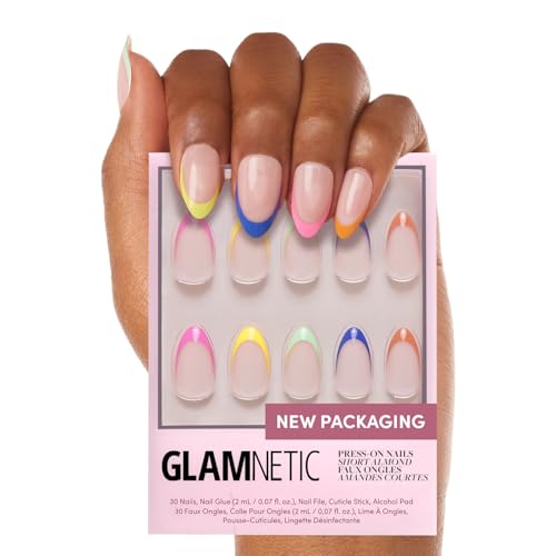 Glamnetic Press on Nails - Sprinkles | Rainbow French Tip Nails, Uv Finish Short Pointed Almond Shape, Reusable Semi-Transparent Nails in 12 Sizes - 24 Nail Kit With Glue