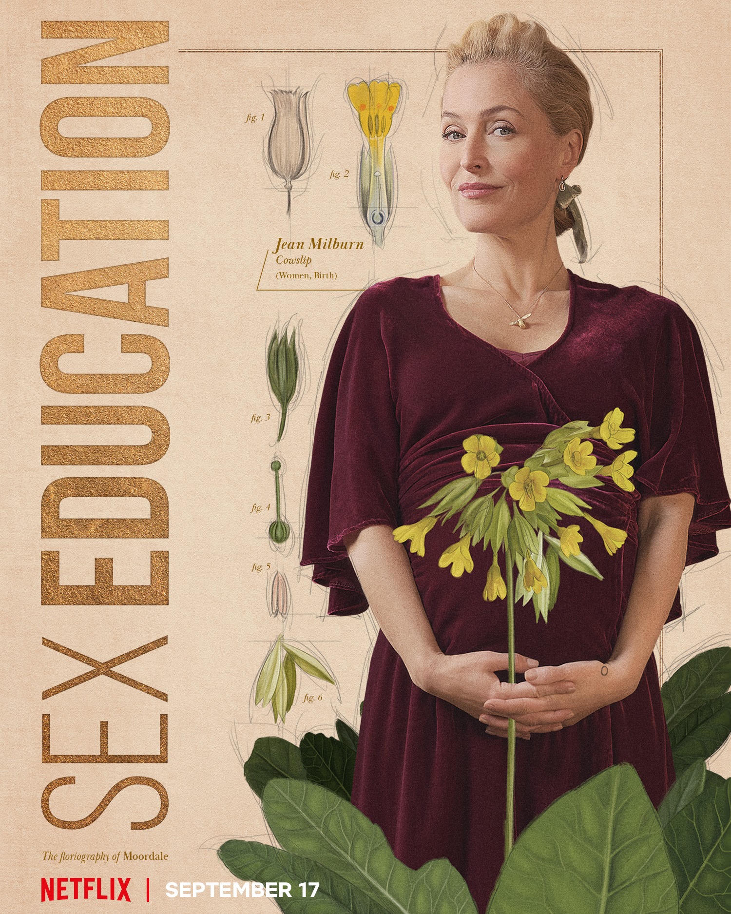 Gillian Anderson as Jean Milburn, partnered with an illustration of a cowslip