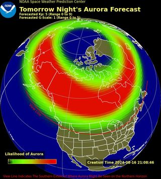 A globe showing a high likelihood of auroras in the northern hemisphere across Canada, Alaska, and the northern United States