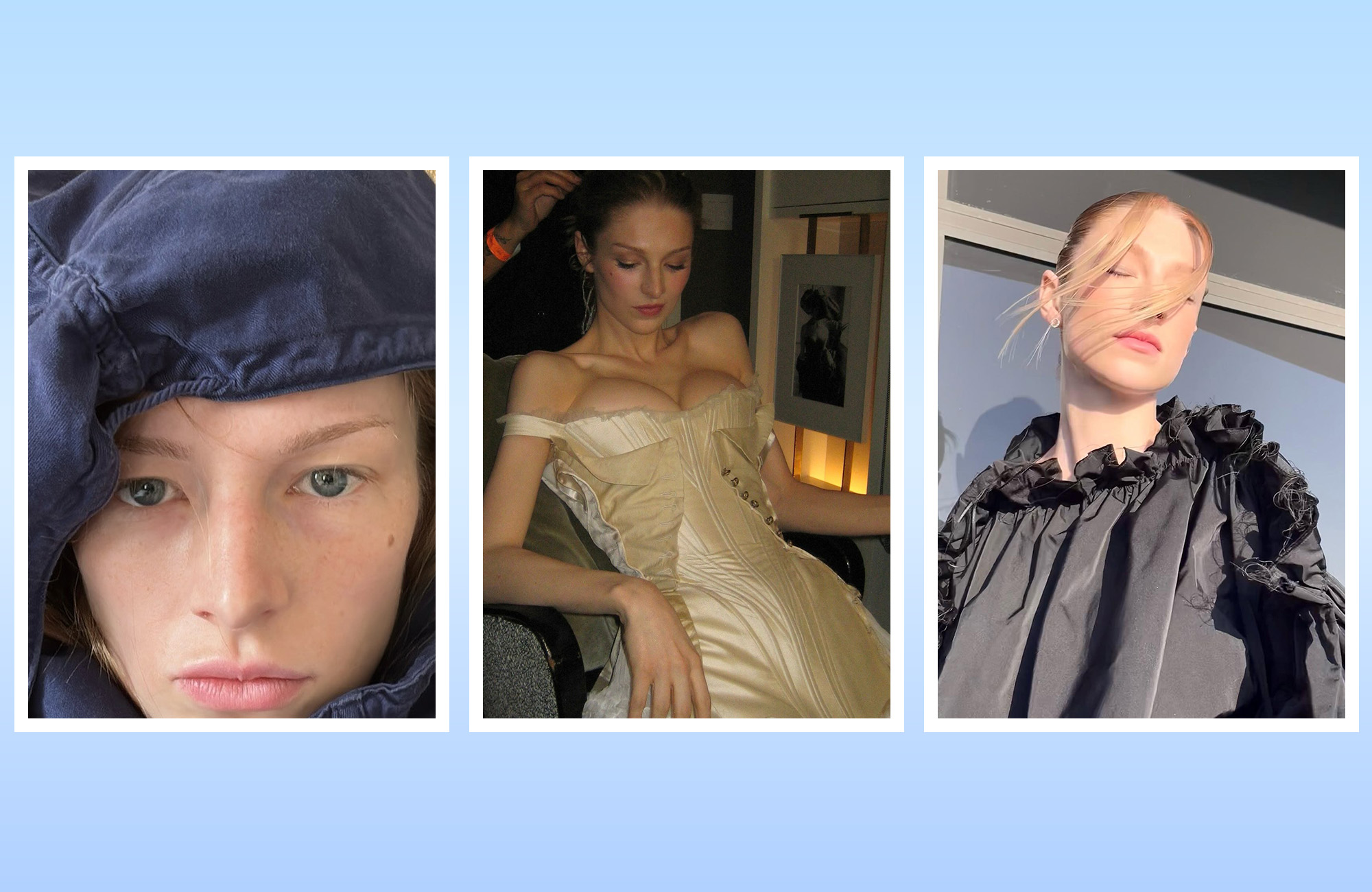 Three pictures of Hunter Schafer wearing different fashion and beauty looks