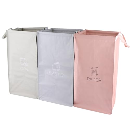Aselected 3 Packs Recycling Bags, Pink,green,gray With Handle, Velcro Separate Sorting Organizer Woven Waste Bins Bag Waterproof for Kitchen Home Office Heavy Duty Reusable Storage,easy Clean