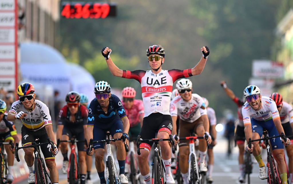 VARESE ITALY OCTOBER 04 Tadej Pogacar of Slovenia and UAE Team Emirates celebrates at finish line as stage winner ahead of Alejandro Valverde Belmonte of Spain and Movistar Team Sergio Andres Higuita Garcia of Colombia and Bora Hansgrohe Team and Pierre Latour of France and Team Total Energies during the 101st Tre Valli Varesine 2022 a 1963km one day race from Busto Arsizio to Varese 377m TreValliVaresine on October 04 2022 in Varese Italy Photo by Dario BelingheriGetty Images