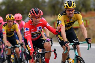 VINUESA SPAIN OCTOBER 22 Primoz Roglic of Slovenia and Team Jumbo Visma Red Leader Jersey Tom Dumoulin of The Netherlands and Team Jumbo Visma during the 75th Tour of Spain 2020 Stage 3 a 1661km stage from Lodosa to La Laguna Negra Vinuesa 1735m lavuelta LaVuelta20 La Vuelta on October 22 2020 in Vinuesa Spain Photo by Justin SetterfieldGetty Images