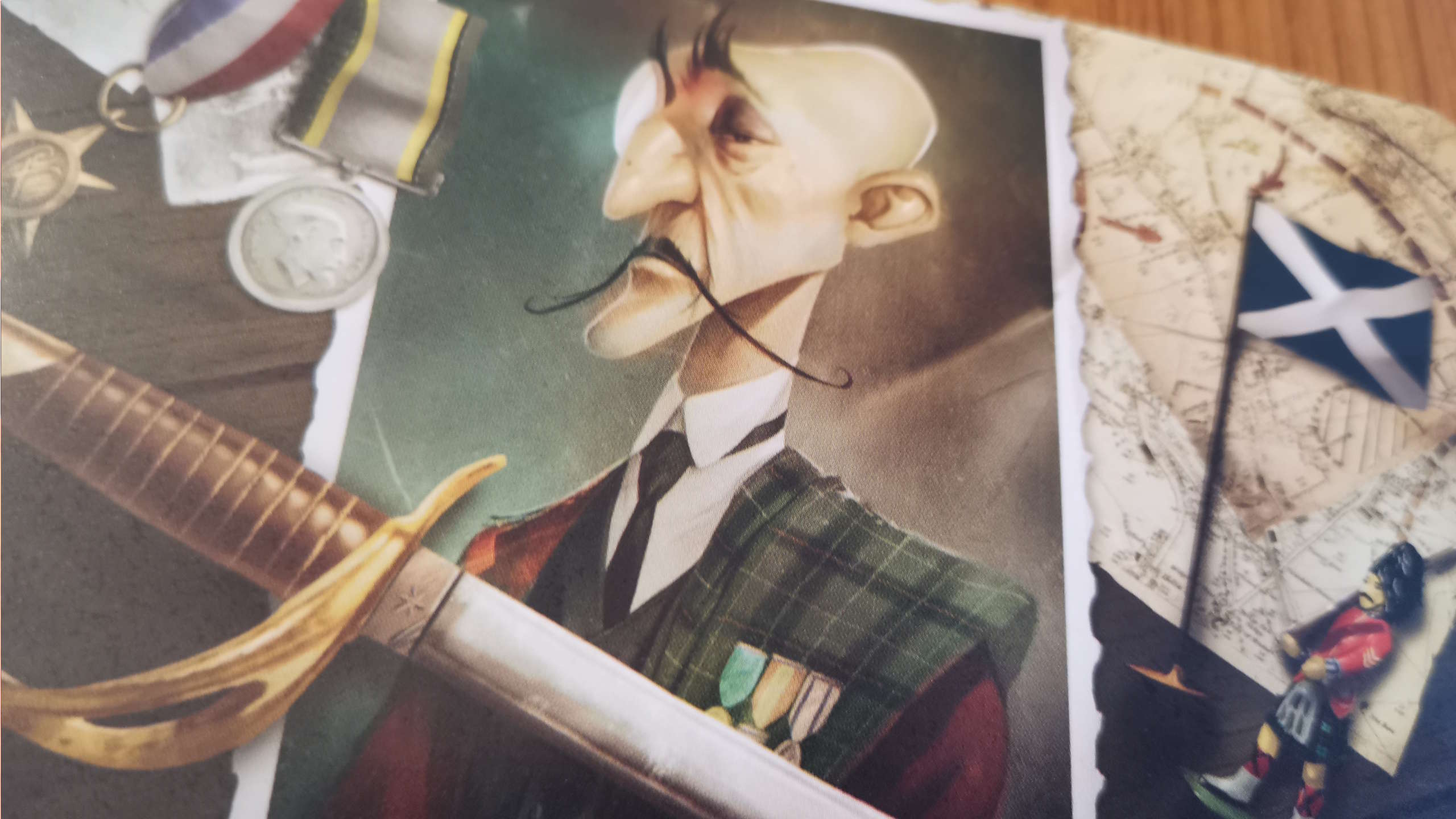 A Mysterium character with a moustache, monacle, tartan sash, and sword