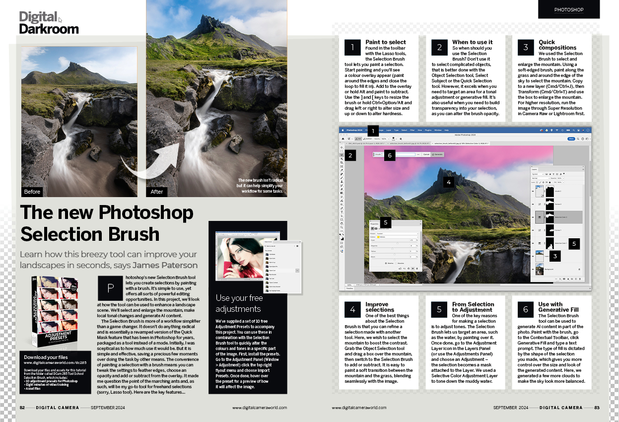 Tool School editing tutorial on the new Selection Brush in Photoshop 2024 in the September 2024 issue of Digital Camera magazine