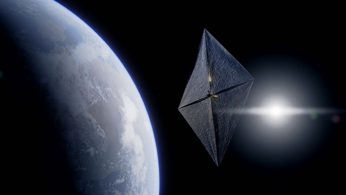 Artist&#039;s rendering of a Gama solar sail in space.