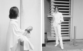 Left, shirt by Absence of Paper, bracelet by Cult Gaia at Net-a-Porter. Right, trousers and shirt, both by Chanel, boots by Jil Sander
