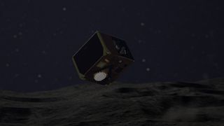 An artist's depiction of the MASCOT lander arriving on the surface of Ryugu.