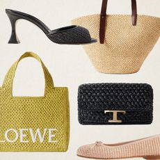 A collage of raffia accessories. 