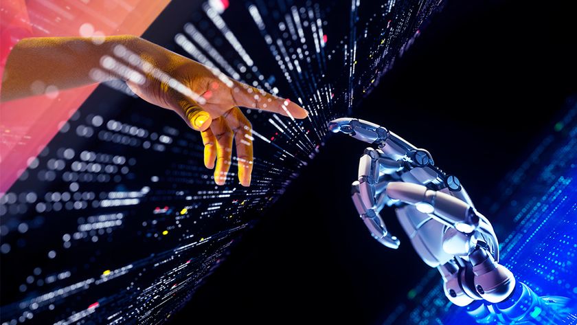 An AI image of a robot hand reaching to touch a human hand