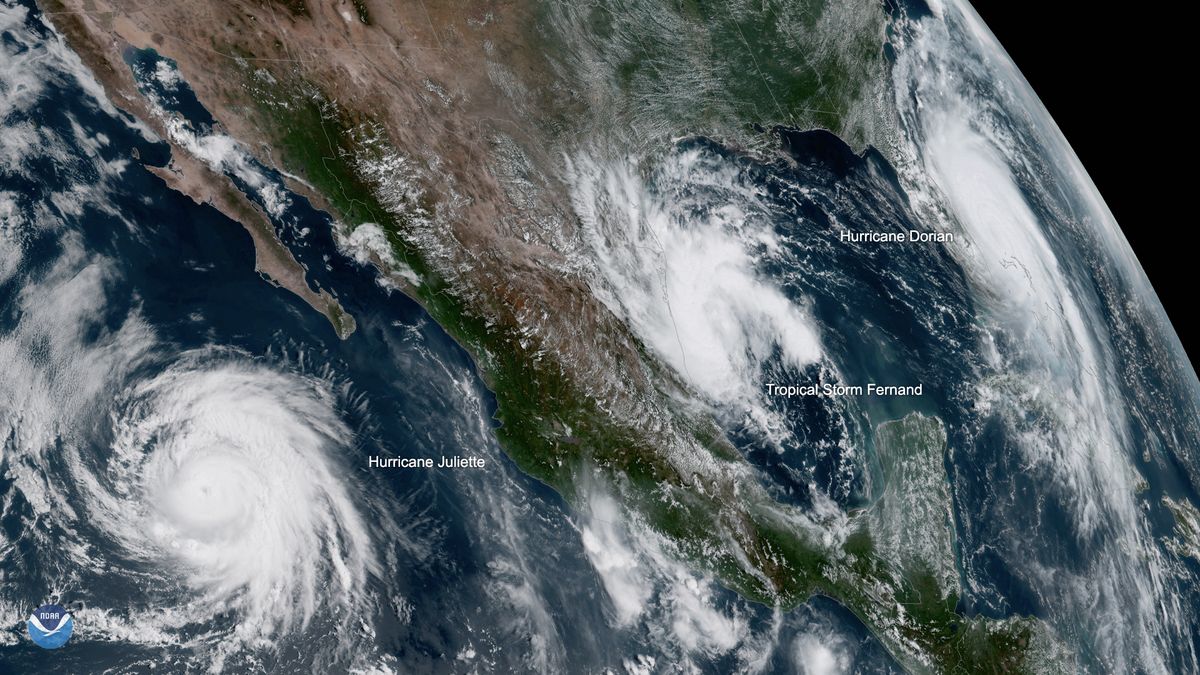 An image from the National Oceanic and Atmospheric Administration (NOAA)&#039;s GOES-West satellite shows three tropical storms near North America at 1:20 pm EST Sept 3, 2019. From left to right: Hurricane Juliette, a Category 3 storm, is not expected to impact land; Tropical Storm Fernand is expected to landfall in Mexico; Hurricane Dorian, now a Category 2 after its devastation of the northwest Bahamas, has grown in area and is making its way toward Florida.