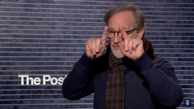 Animation of Steven Spielberg, drawing a film frame with his fingers, during an interview with The Post