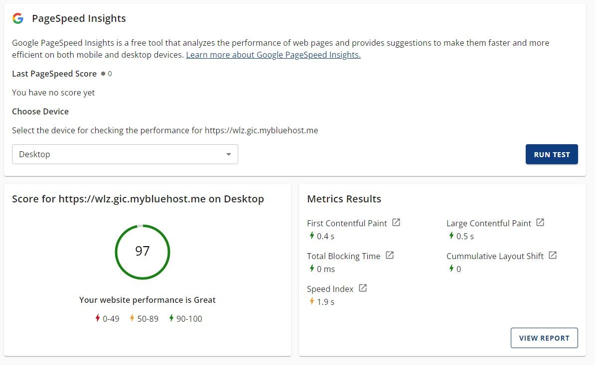 An image of Bluehost's speed test