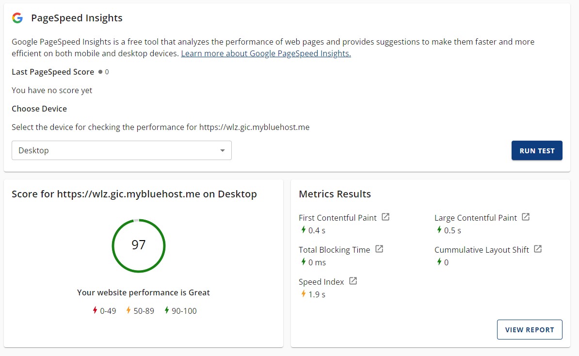 An image of Bluehost's speed test