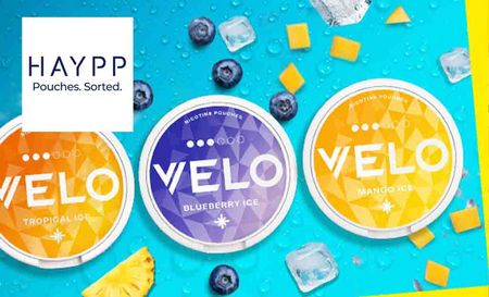 haypp logo top left with three velo nitcone pouches
