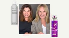 Amanda Lamb and Nadine Baggott pictured beside each other smiling next to cans of Living Proof dry volume spray and L'OReal Elvive big hair