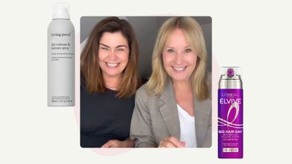 Amanda Lamb and Nadine Baggott pictured beside each other smiling next to cans of Living Proof dry volume spray and L'OReal Elvive big hair