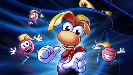 Rayman points as critters bounce behind him and a mysterious cloaked figure looks on, from the Rayman: 30th Anniversary Edition announcement - cropped for a header