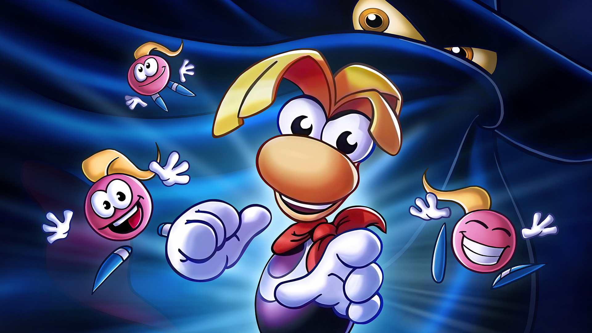 Rayman points as critters bounce behind him and a mysterious cloaked figure looks on, from the Rayman: 30th Anniversary Edition announcement - cropped for a header