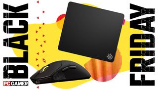 A Corsair Sabre V2 Pro mouse and SteelSeries QcK Performance mouse pad on a custom Black Friday background