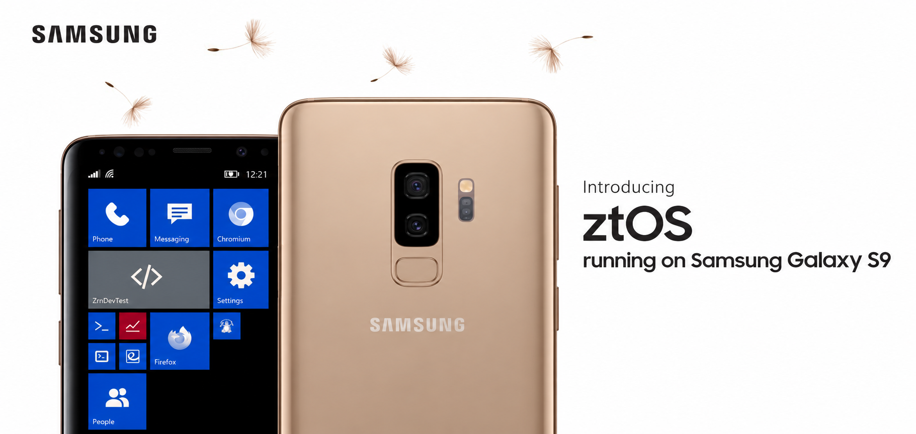 Galaxy S9 in Sunrise Gold displaying the Windows Phone 8.1-inspired ztOS interface, featuring blue Live Tiles and familiar Windows Phone icons.