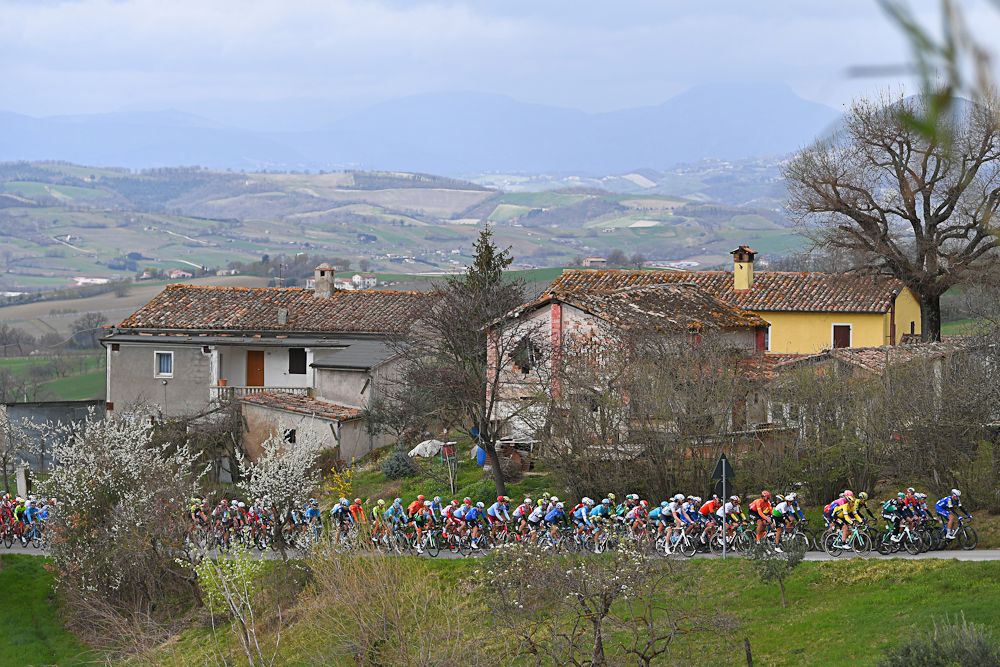 The Tirreno-Adriatico peloton in action during stage 6