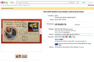 The "1983 Crew Signed Challenger Launch $9.35 Eagle" listing on eBay offered one of the ten STS-8 envelopes, or covers, that were autographed by the space shuttle Challenger's crew.