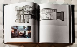 A double page of the book which features a drawing of a building and a photo of its interior.
