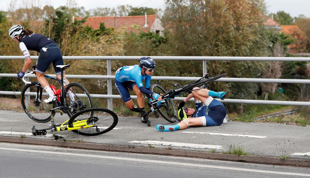 WEVELGEM BELGIUM OCTOBER 11 Barbara Guarischi of Italy and Movistar Team Crash Injury Elisa Longo Borghini of Italy and Team Trek Segafredo during the 9th GentWevelgem In Flanders Fields 2020 Women Elite a 1414km race from Ieper to Wevelgem GentWevelgem FlandersClassic on October 11 2020 in Wevelgem Belgium Photo by Bas CzerwinskiGetty Images