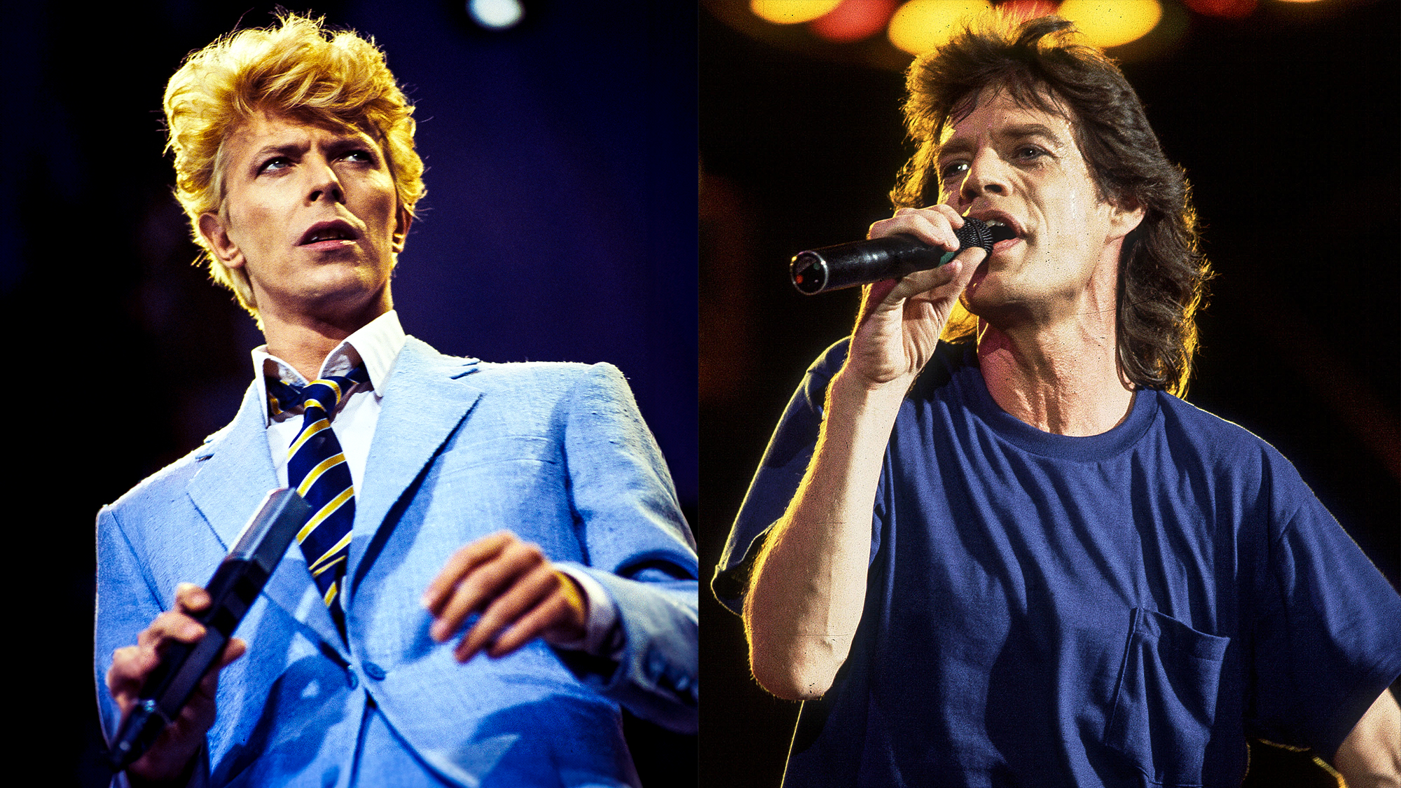 LEFT: David Bowie onstage for his Serious Moonlight World Tour in Brussels, Belgium, May 18, 1983. RIGHT: Mick Jagger onstage at John F. Kennedy Stadium for Live Aid, Philadelphia,, July 13, 1985. 