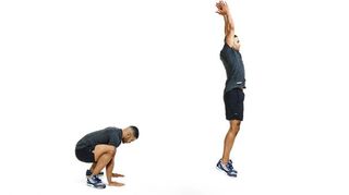 Man demonstrates two positions of the squat jump with floor touch