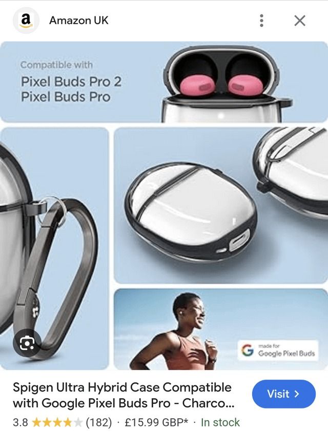 Leaked composite of images from Amazon showing off the Pixel Buds Pro 2 in a transparent Spigen case