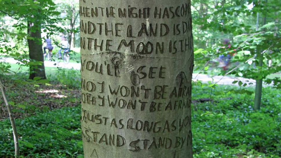 Tree trunk with engraved Stand By Me lyrics