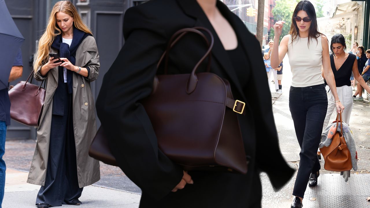 a collage of jennifer lawrence, kendall jenner, and a guest at fashion week carrying the row&#039;s margaux bag