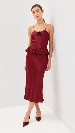 Rodarte Red Silk Satin Bias Slip Dress With Peplum and Silk Flower Pin