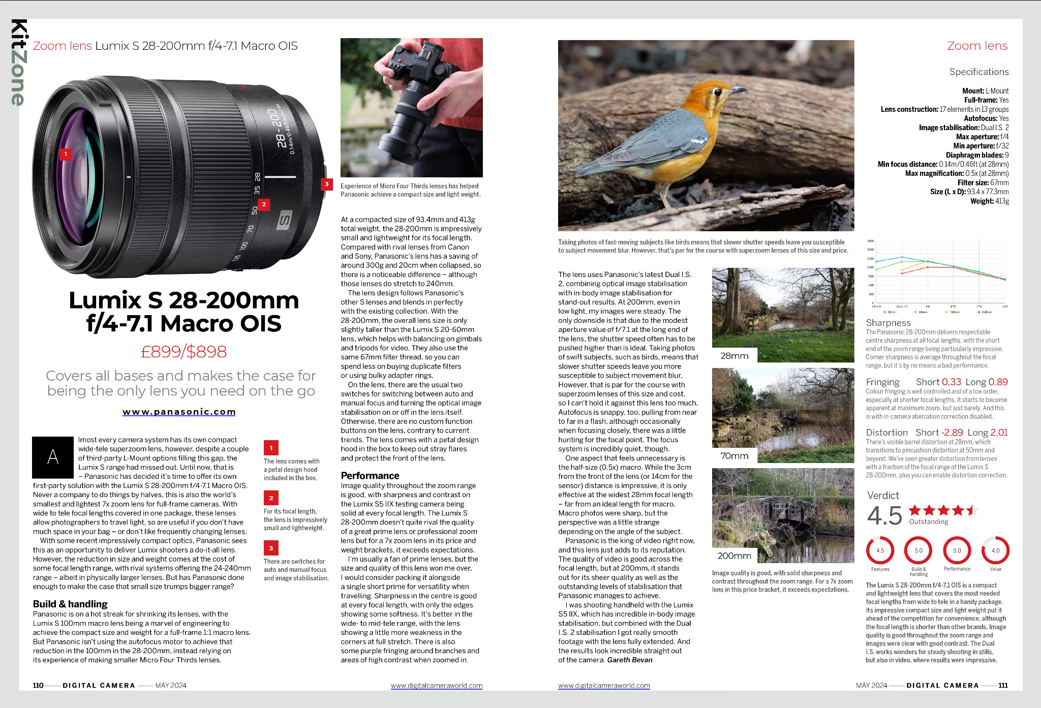 Opening two pages of Lumix S 28-200mm f/4-7.1 Macro OIS review in issue 281 (May 2024) of Digital Camera magazine