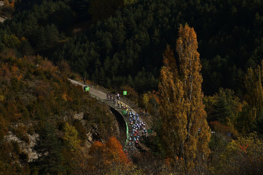 SABIANIGO SPAIN OCTOBER 24 Peloton Alto de Fanlo 1359m Forest Autumn Landscape during the 75th Tour of Spain 2020 Stage 5 a 1844km Huesca to Sabinigo 835m lavuelta LaVuelta20 La Vuelta on October 24 2020 in Sabinigo Spain Photo by Justin SetterfieldGetty Images