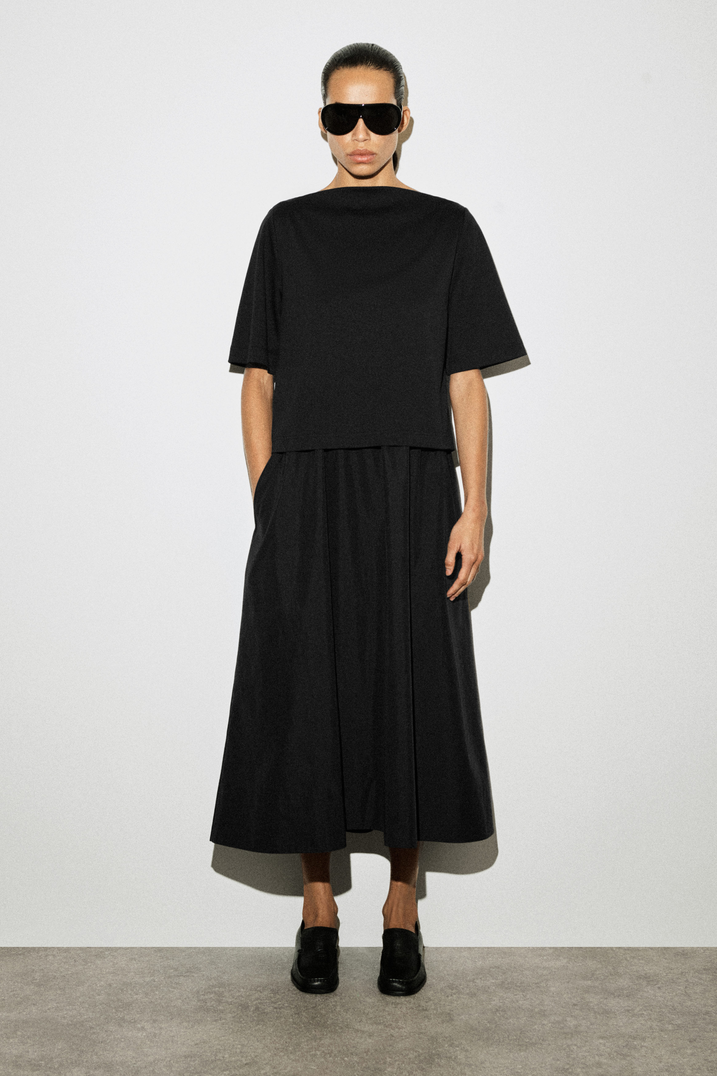 Contrast-Panel Boat-Neck Midi Dress