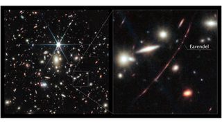 A view of dozens of distant galaxies in deep space, with a zoomed-in view of one.