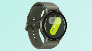 Leaked image of the Samsung Galaxy Watch 7 in forest green on a teal background