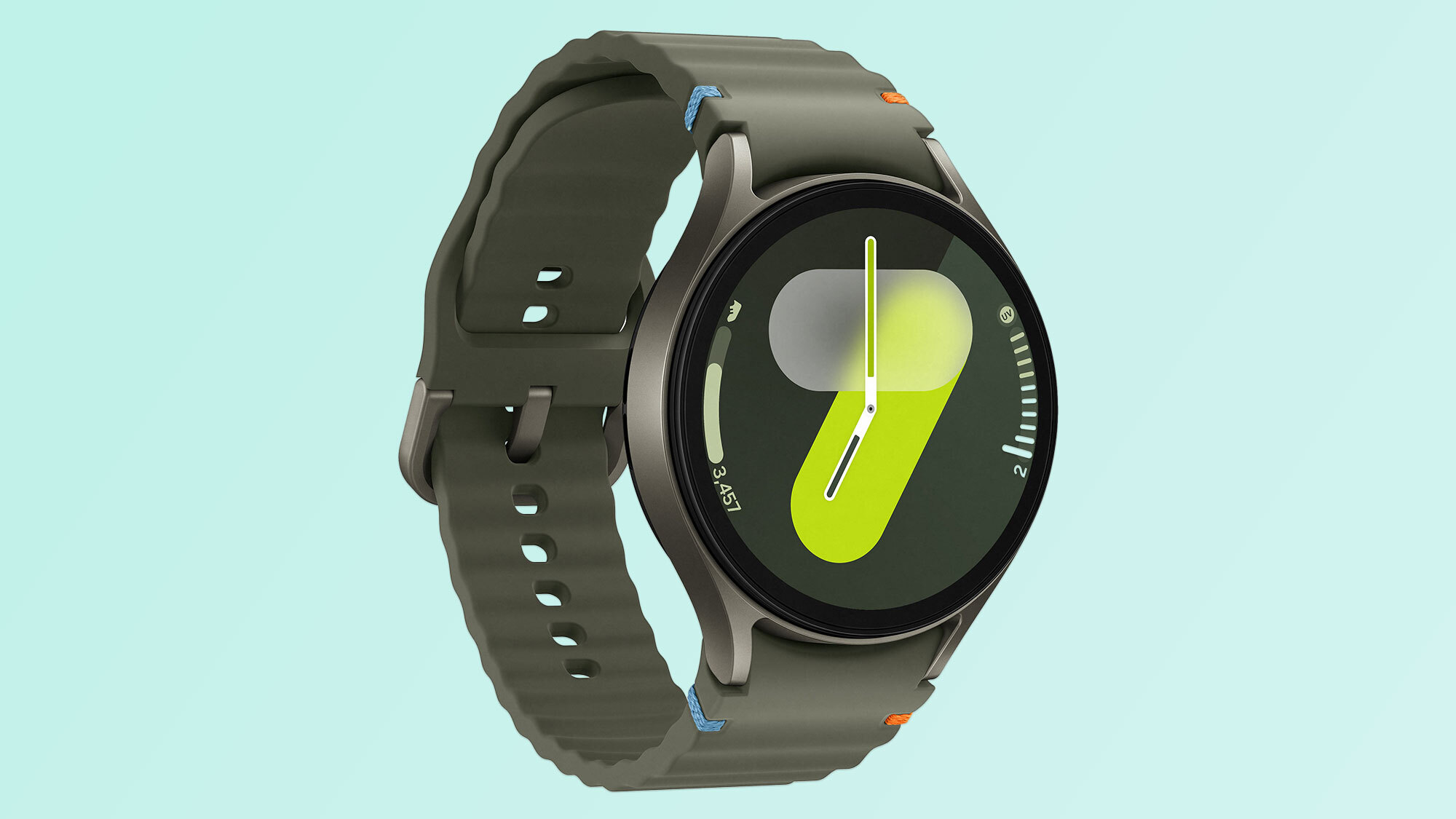 Image divulguée de la Samsung Galaxy Watch 7 en vert forêt sur fond bleu sarcelle