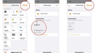 How to set up automations in the Home app on iOS 13 on the iPhone by showing steps: Tap Next, Long Press Accessories to change settings, Tap Done