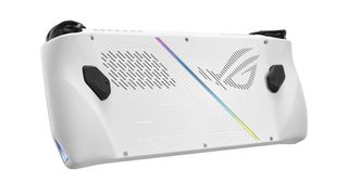 ROG Ally; a white handheld PC games console with an angular design