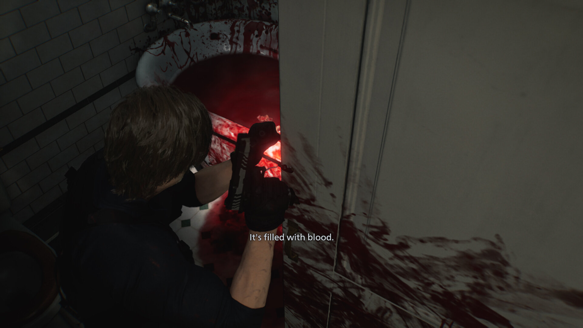 Leon looking at a blood-filled bathtub in Resident Evil Requiem